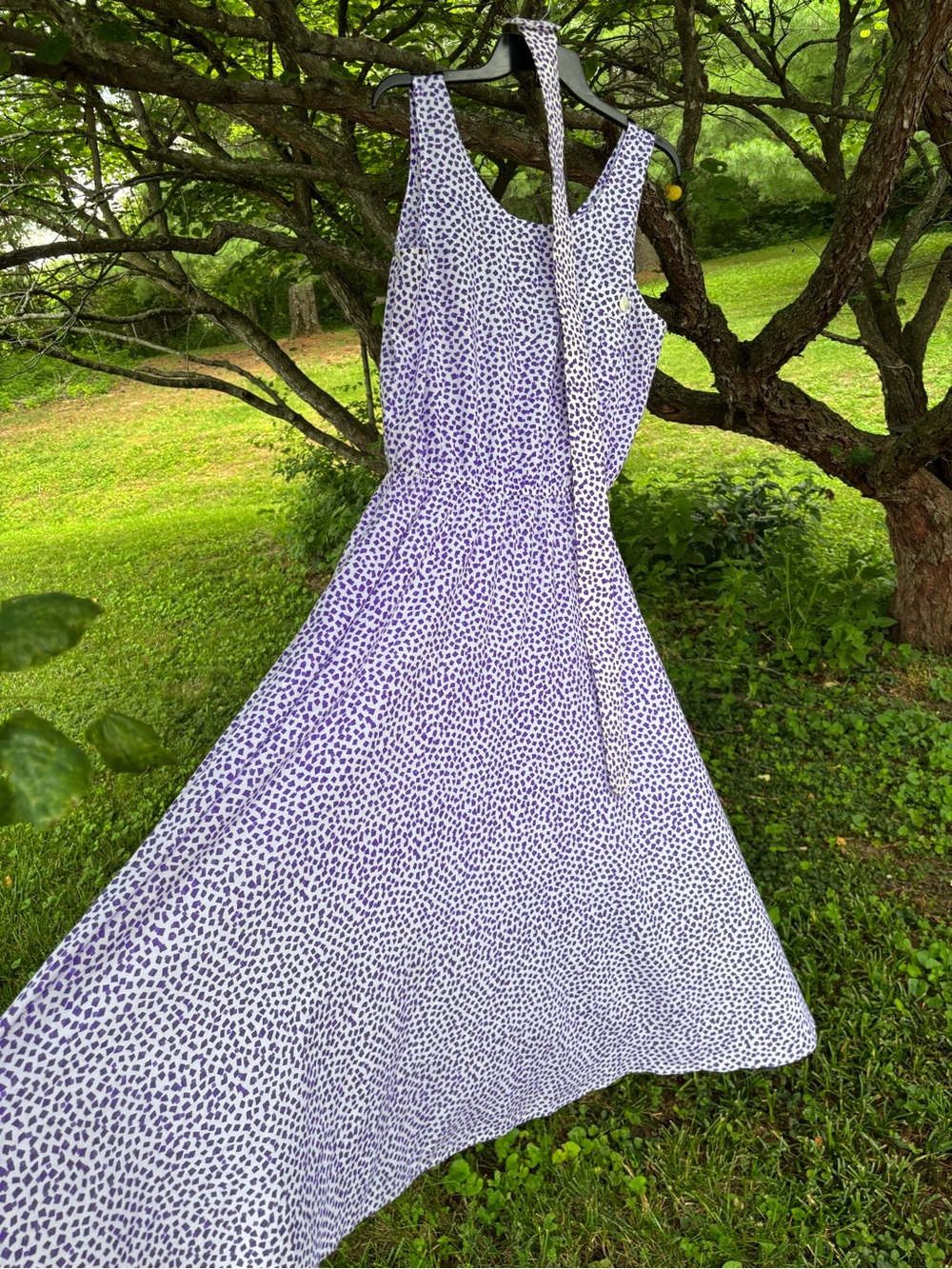 Sleeveless White Maxi Dress with Lavender confetti Print and wide belt